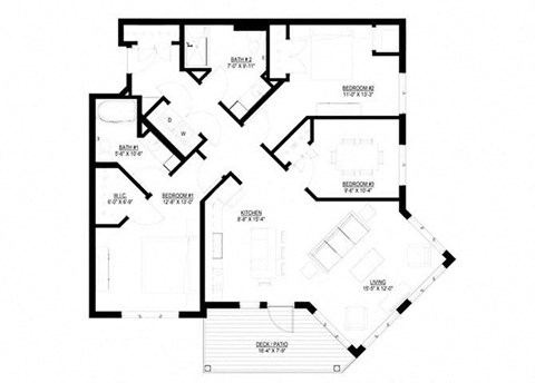 Floor plan for 3 beds, 2 baths, 1349 sqft